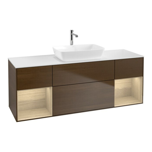 V&B Meuble sous lavabo Finion 160 cm, blanc, avec éclairage mural, tiroir ven Walnut