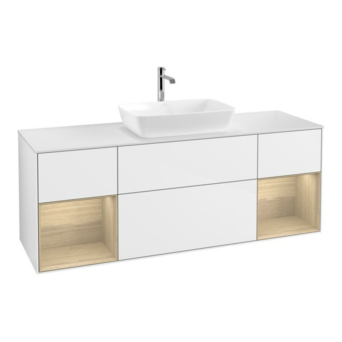 V&B Meuble sous lavabo Finion 160 cm, blanc brillant, éclairage mural