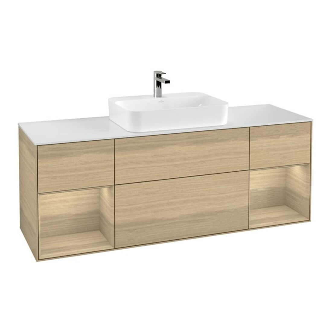 V&B Meuble sous lavabo Finion 160 cm, blanc brillant, éclairage mural, réglette Oa ven