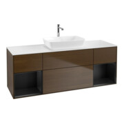 V&B Meuble sous-lavabo Finion 160 cm, blanc brillant, étagère bleue laquée, noyer veinée