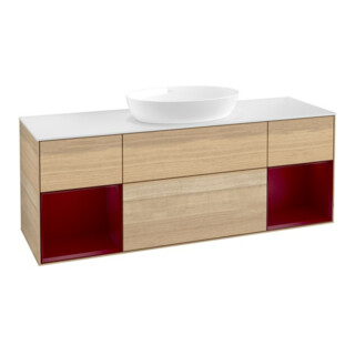 V&B Meuble sous lavabo Finion 160 cm, blanc brillant, rangement Peo avec laque, éclairage mural