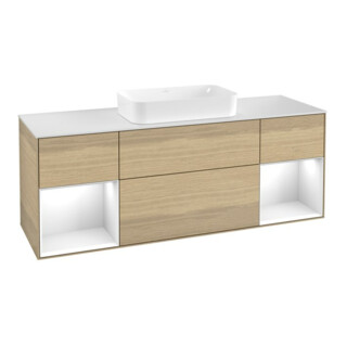 V&B Meuble sous lavabo Finion 160 cm, blanc brillant, réglette LED blanc laqué, poignée ven