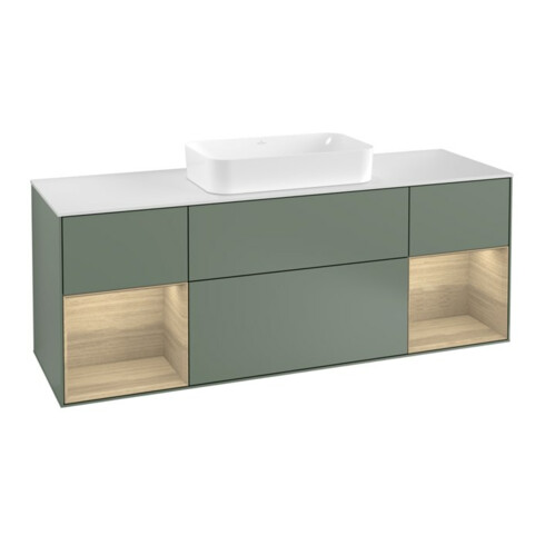 V&B Meuble sous lavabo Finion 160 cm, blanc brillant, réglette Oa ven, olivier mat laqué