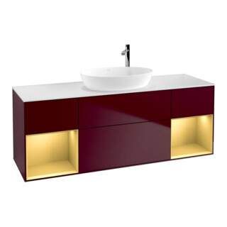 V&B Meuble sous lavabo Finion 160 cm, blanc brillant, réglette or mat, poignée m