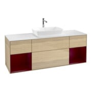 V&B Meuble sous lavabo Finion 160 cm, blanc brillant, tiroir laqué, éclairage mural