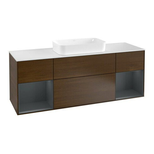 V&B Meuble sous lavabo Finion 160 cm, blanc brillant, tiroir médian laqué, noyer veneer
