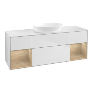 V&B Meuble sous lavabo Finion 160 cm, blanc, éclairage mural, étagère ouverte, blanc laqué