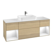 V&B Meuble sous lavabo Finion 160 cm, blanc, éclairage mural, réglette blanche laquée, poignées ven