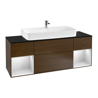 V&B Meuble sous lavabo Finion 160 cm, blanc laqué, placage noyer, avec étagère