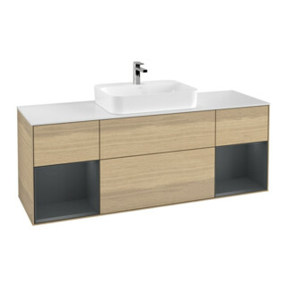 V&B Meuble sous lavabo Finion 160 cm, blanc mat, avec éclairage mural, rangement médium mat laqué, poignée ven
