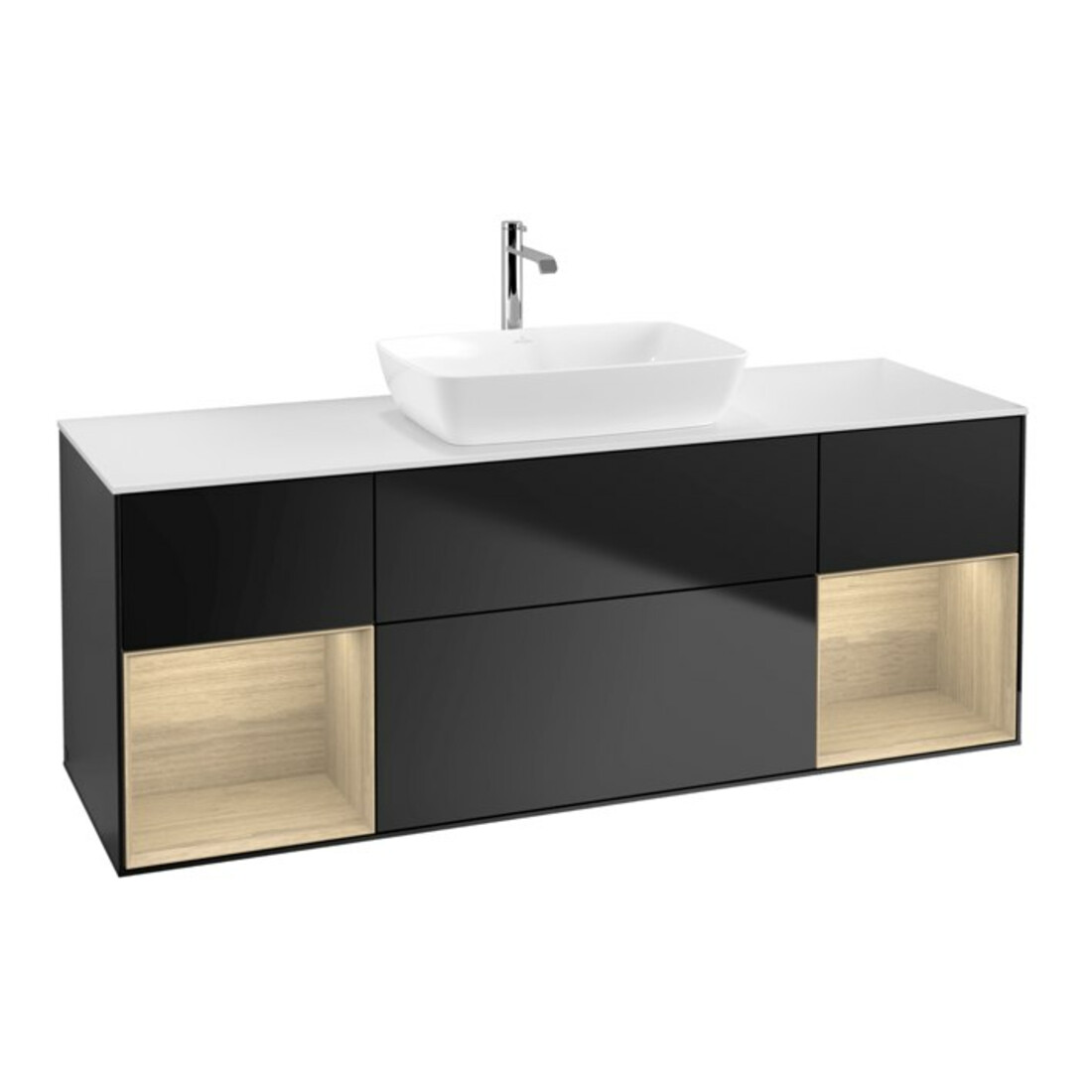 V&B Meuble sous lavabo Finion 160 cm, blanc mat, avec étagère ouverte, bleu mat laqué