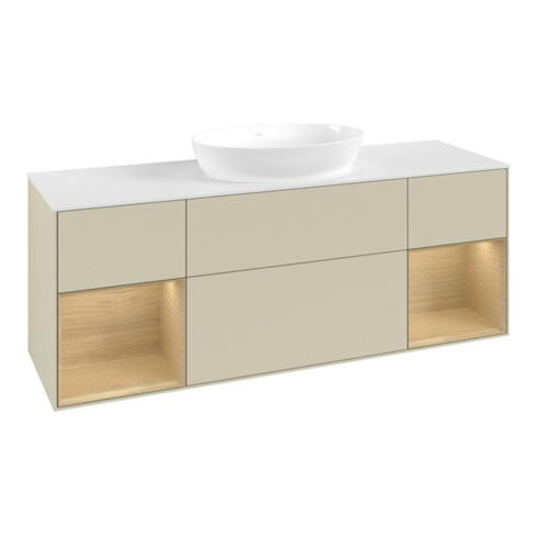 V&B Meuble sous lavabo Finion 160 cm, blanc mat, avec rangement ouvert, gris métal laqué