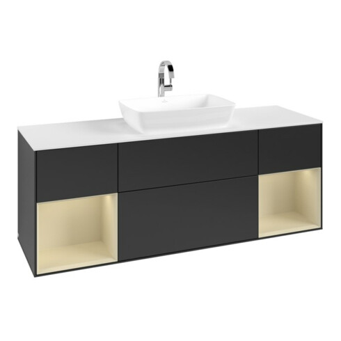 V&B Meuble sous lavabo Finion 160 cm, blanc mat, chêne gris mat laqué, bleu mat laqué