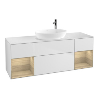 V&B Meuble sous lavabo Finion 160 cm, blanc mat, éclairage mural, réglette Oa ven, blanc mat laqué