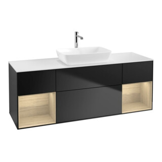 V&B Meuble sous lavabo Finion 160 cm, blanc mat, éclairage mural, réglette Oa ven, bleu mat Lac