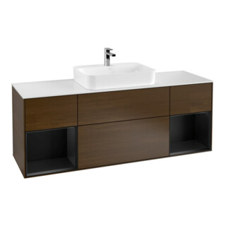 V&B Meuble sous lavabo Finion 160 cm, blanc mat, éclairage mural, tiroir bleu mat, noyer veinée
