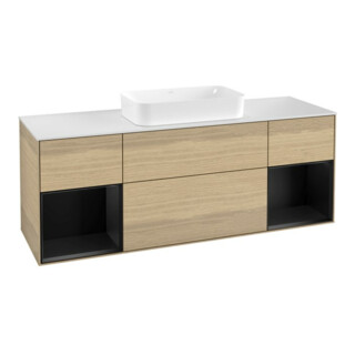 V&B Meuble sous-lavabo Finion 160 cm, blanc mat, étagère bleue mate, éclairage mural