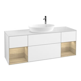 V&B Meuble sous lavabo Finion 160 cm, blanc mat, étagère ouverte, blanc brillant laqué