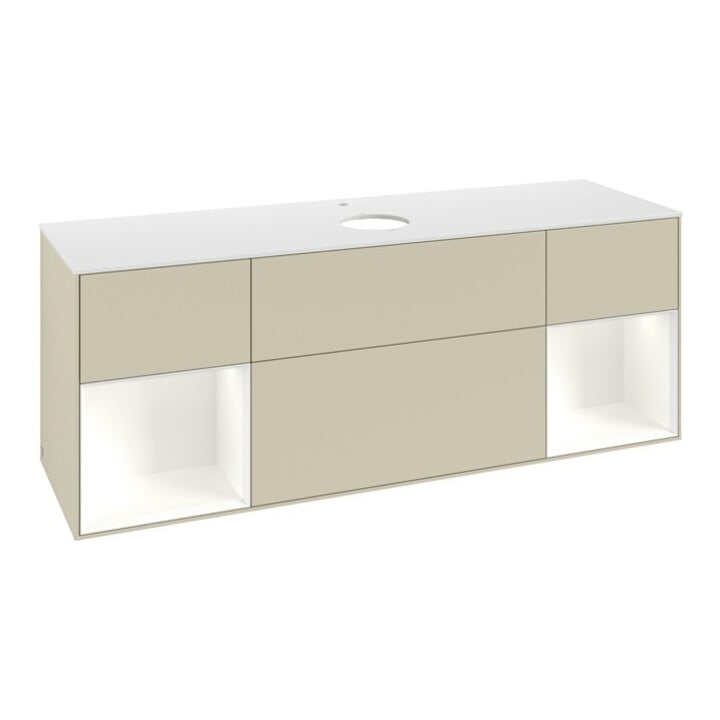 V&B Meuble sous lavabo Finion 160 cm, blanc mat, face blanche mate laquée, poignée grise mate laquée