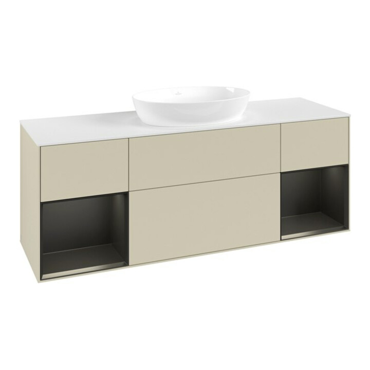 V&B Meuble sous lavabo Finion 160 cm, blanc mat, face bleue mat laquée, côtés gris mat laqués