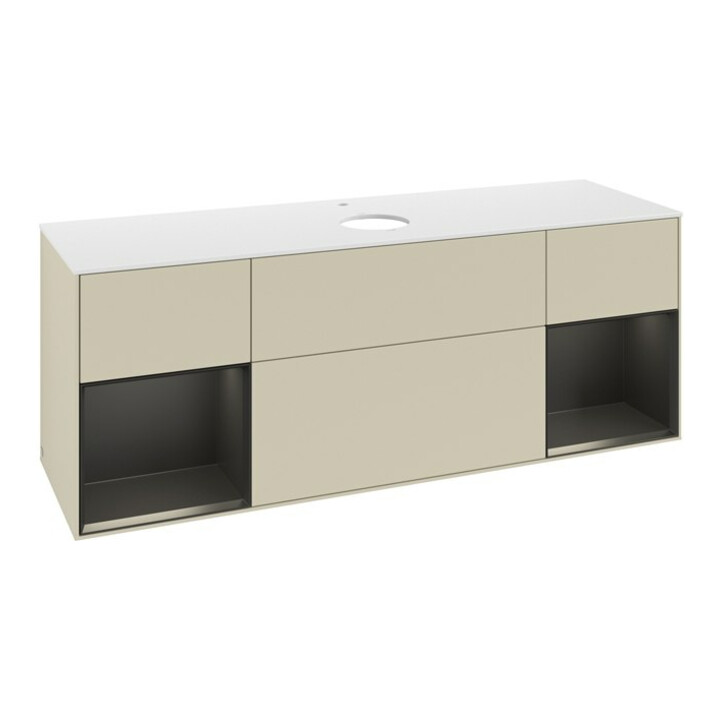 V&B Meuble sous lavabo Finion 160 cm, blanc mat, face bleue mate laquée, côtés gris mats laqués