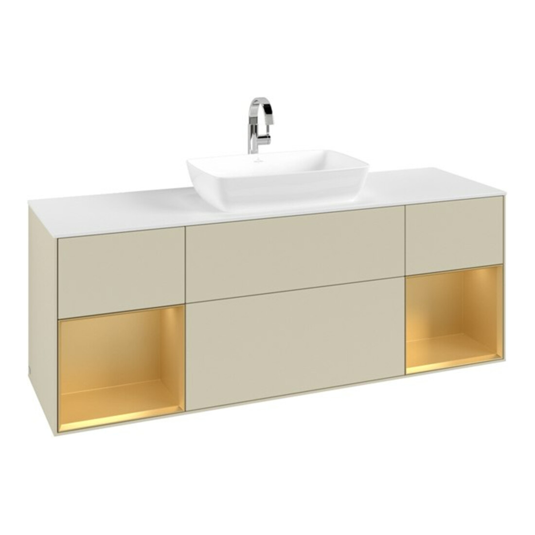 V&B Meuble sous-lavabo Finion 160 cm, blanc mat, face dorée mate laquée, côtés gris mat laqués