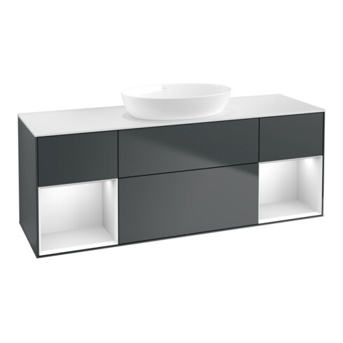 V&B Meuble sous lavabo Finion 160 cm, blanc mat, laqué brillant, avec plan de toilette laqué