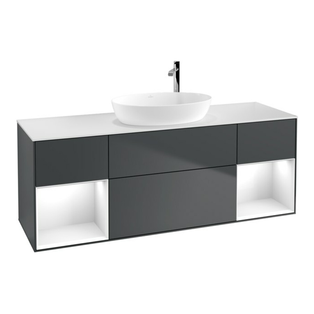 V&B Meuble sous-lavabo Finion 160 cm, blanc mat, laqué brillant, avec tiroir, laqué