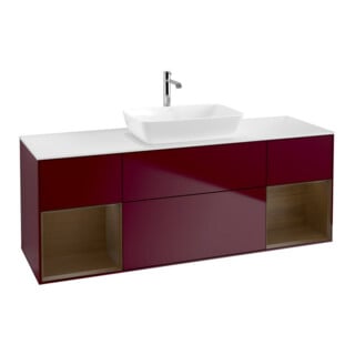 V&B Meuble sous lavabo Finion 160 cm, blanc mat, placage noyer, poignée métal