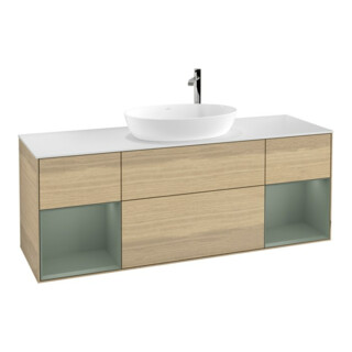 V&B Meuble sous-lavabo Finion 160 cm, blanc mat, plan olivier mat laqué, éclairage mural
