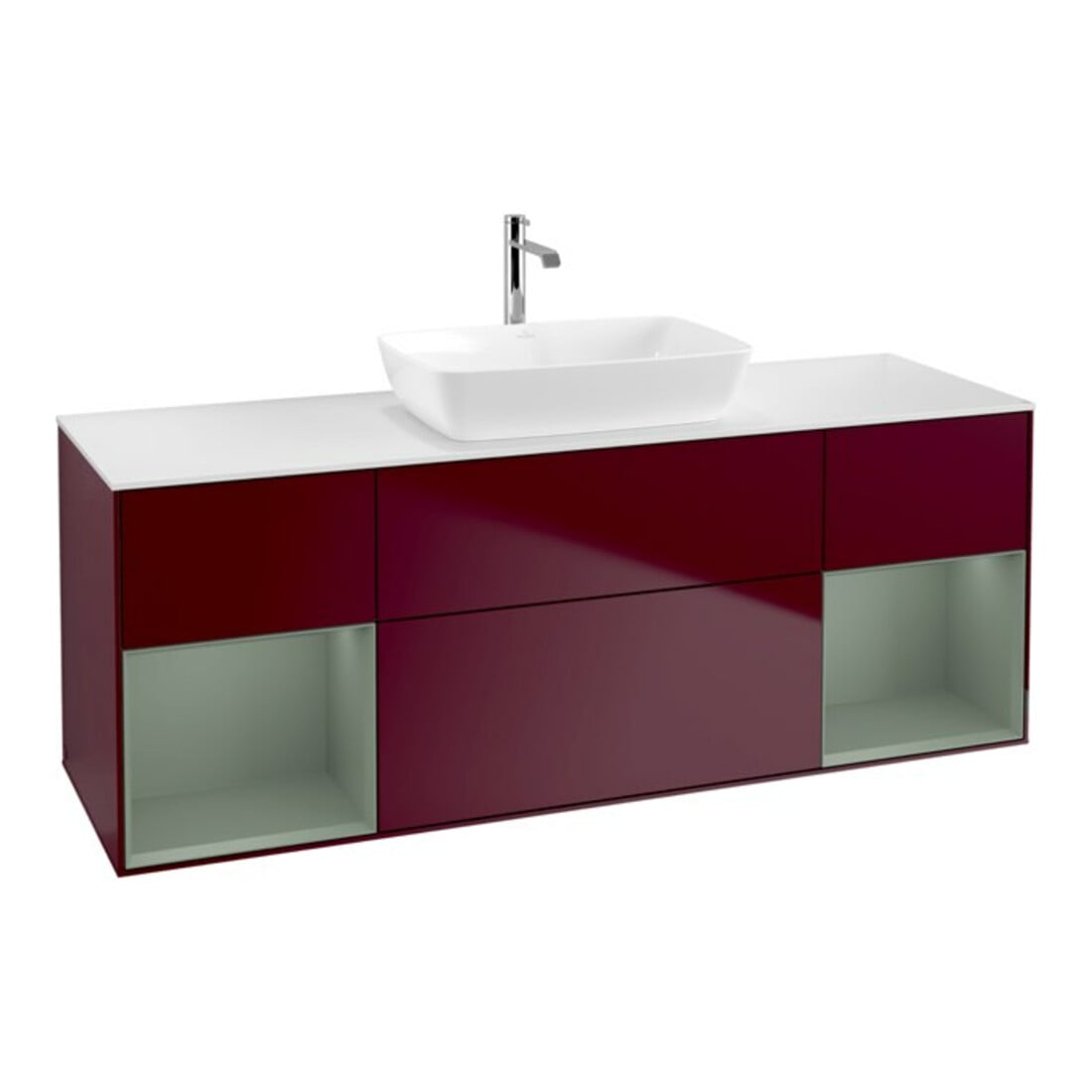 V&B Meuble sous lavabo Finion 160 cm, blanc mat, plan olivier mat laqué, poignée métal