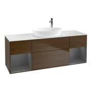 V&B Meuble sous lavabo Finion 160 cm, blanc mat, poignée aluminium, noyer veneer