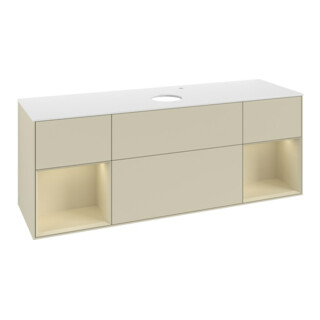 V&B Meuble sous lavabo Finion 160 cm, blanc mat, poignée argent mat, laqué gris
