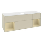 V&B Meuble sous lavabo Finion 160 cm, blanc mat, poignée argent mat, laqué gris