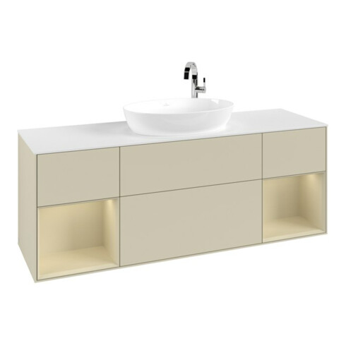 V&B Meuble sous lavabo Finion 160 cm, blanc mat, poignée argent mat, laqué gris
