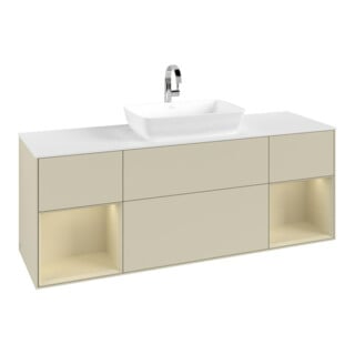 V&B Meuble sous lavabo Finion 160 cm, blanc mat, poignée argent mat, laqué gris