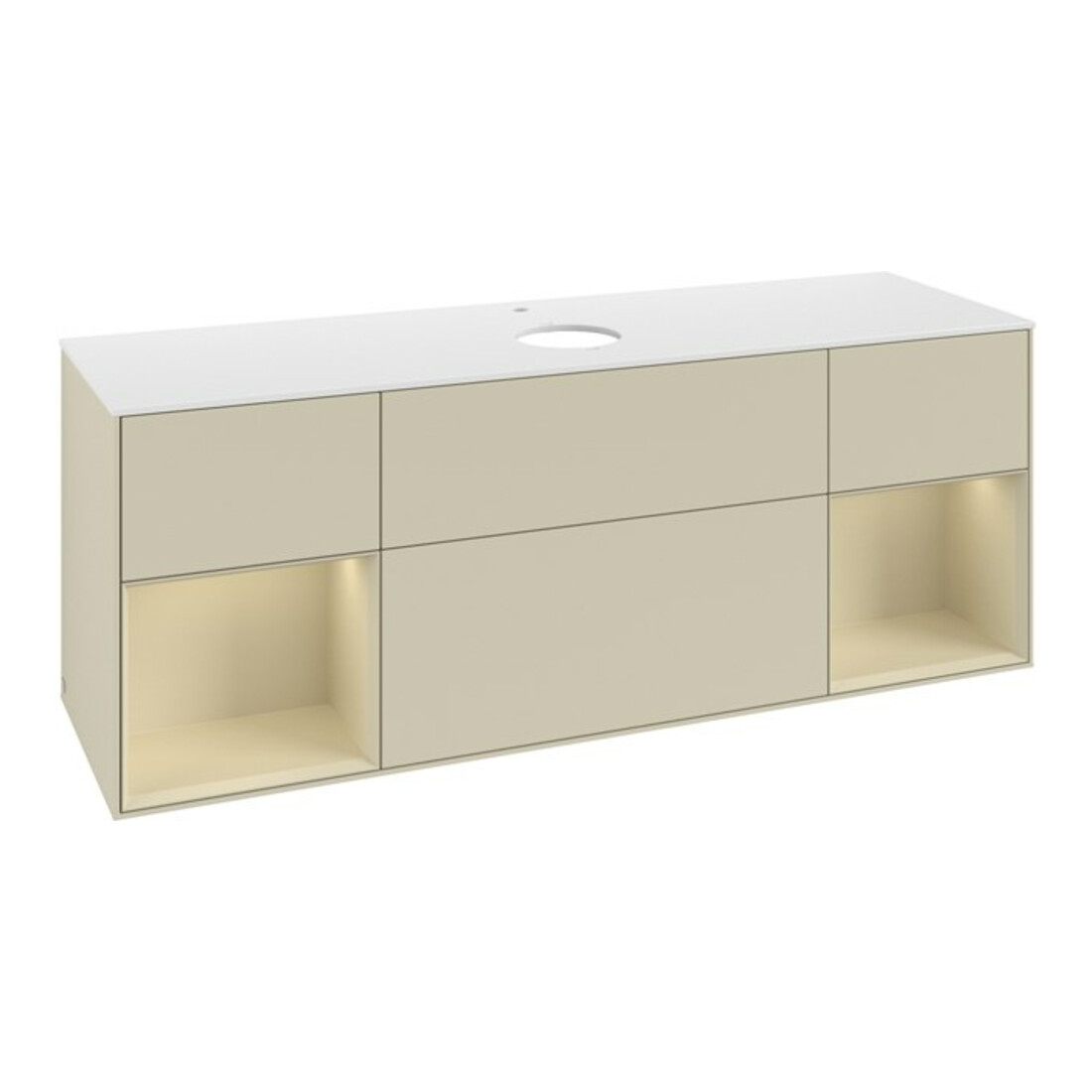 V&B Meuble sous lavabo Finion 160 cm, blanc mat, poignée argent mat, laqué gris
