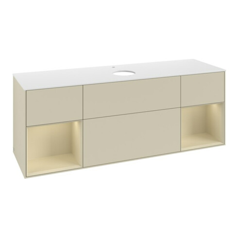 V&B Meuble sous lavabo Finion 160 cm, blanc mat, poignée argent mat, laqué gris