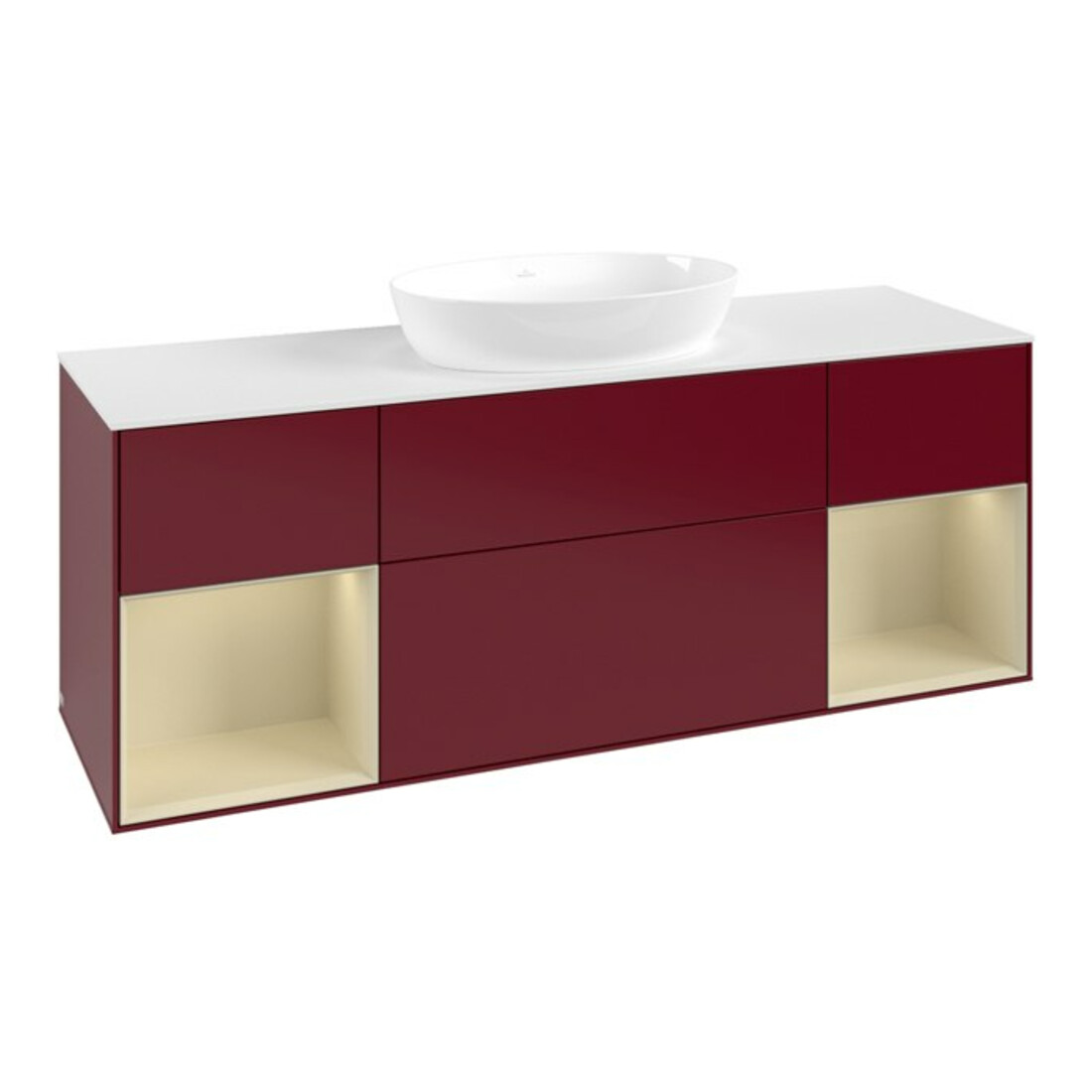 V&B Meuble sous lavabo Finion 160 cm, blanc mat, poignée argent mat, laqué, miroir
