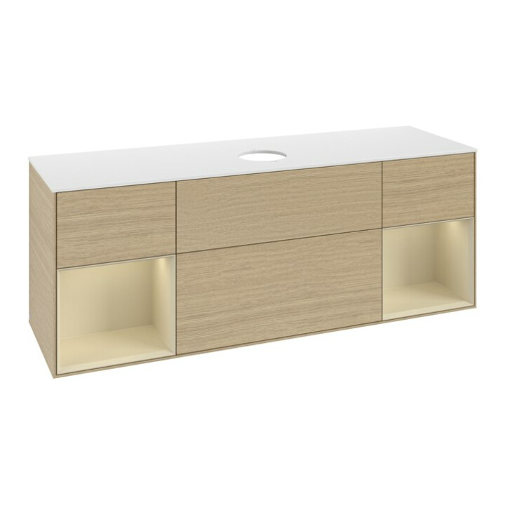 V&B Meuble sous lavabo Finion 160 cm, blanc mat, poignée argentée mate, laqué, finition ven