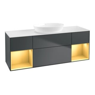 V&B Meuble sous-lavabo Finion 160 cm, blanc mat, poignée gris mat laqué, miroir bleu mat laqué