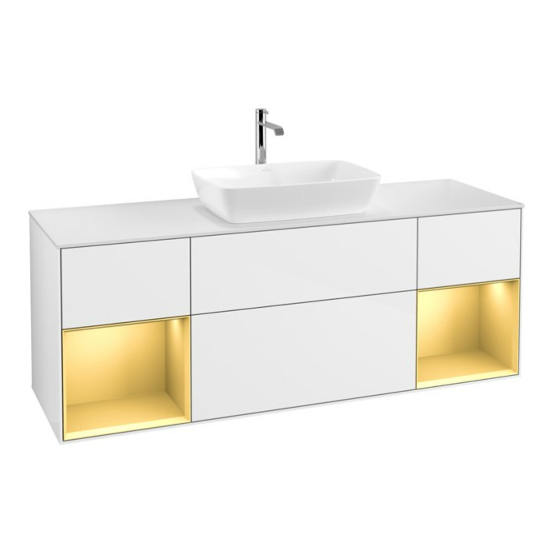 V&B Meuble sous lavabo Finion 160 cm, blanc mat, poignée or mat, laque blanc brillant