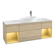 V&B Meuble sous lavabo Finion 160 cm, blanc mat, poignée or mat, tiroirs ven