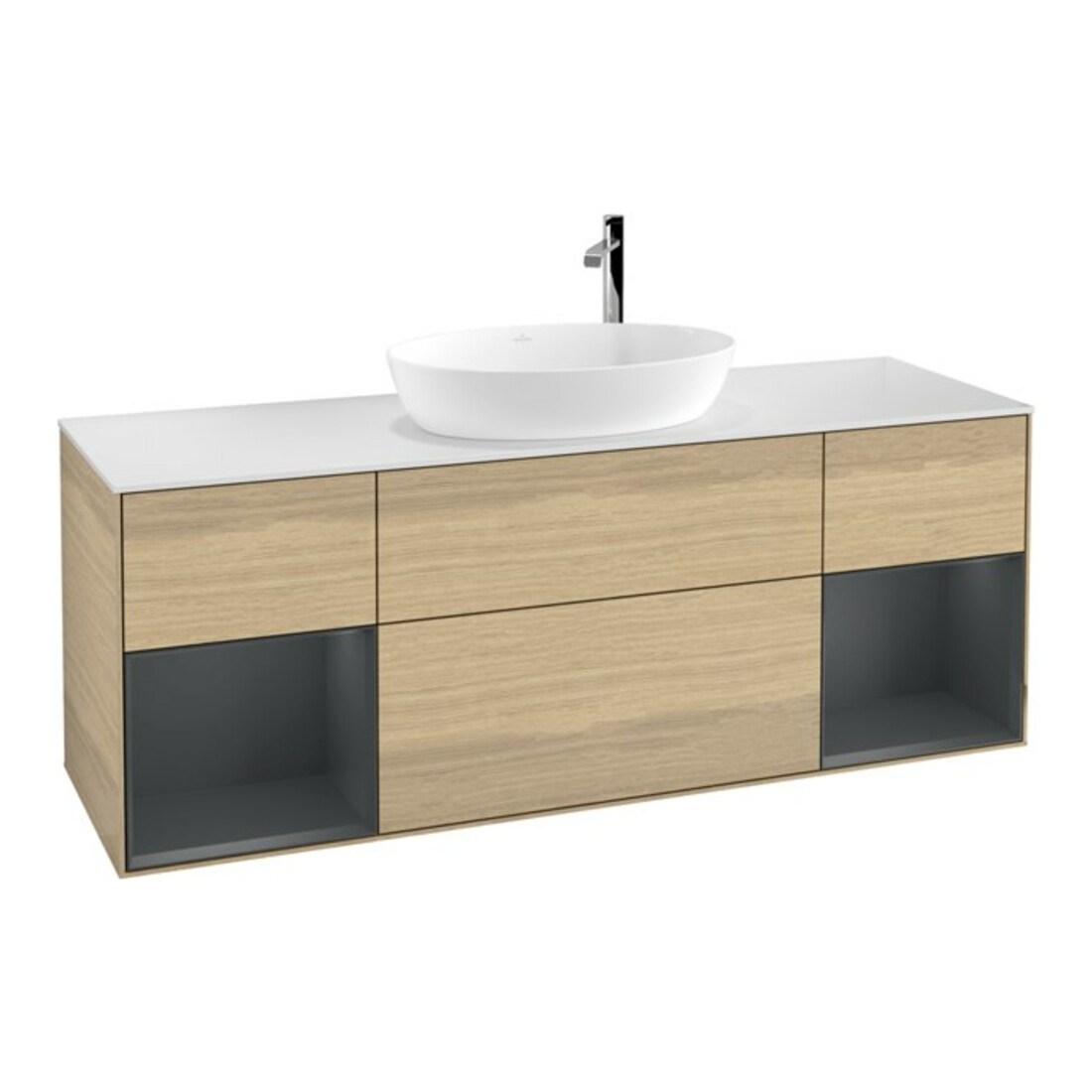 V&B Meuble sous lavabo Finion 160 cm, blanc mat, porte miroir avec laque, venis