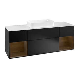 V&B Meuble sous lavabo Finion 160 cm, blanc mat, rangement noyer, bleu mat Lac