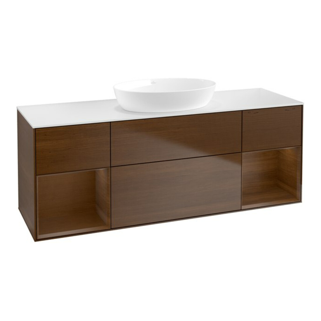 V&B Meuble sous lavabo Finion 160 cm, blanc mat, rangement noyer ven.
