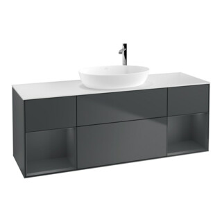 V&B Meuble sous lavabo Finion 160 cm, blanc mat, rangements médium mat laqué, médium bleu mat laqué