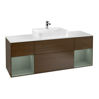 V&B Meuble sous lavabo Finion 160 cm, blanc mat, réglette olivier mat laqué, placage noyer