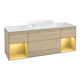 V&B Meuble sous-lavabo Finion 160 cm, blanc mat, réglette or mat, ven Oa