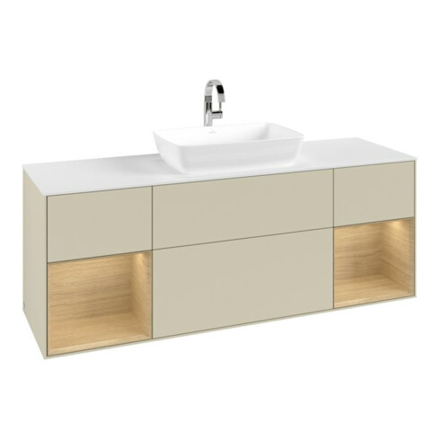 V&B Meuble sous lavabo Finion 160 cm, blanc mat, tiroir à ouverture Oa, gris clair mat laqué